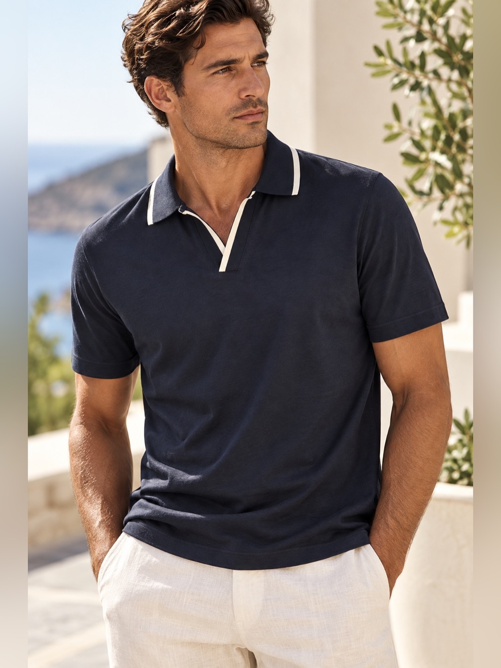 REISS Men’s Jersey Cotton Open Collar Polo S Contrast Trim Quiet Luxury